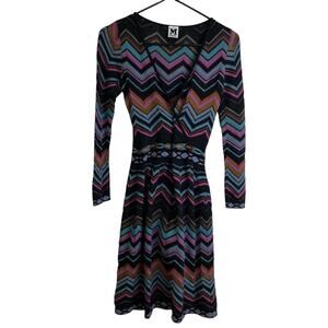Missoni Knit Dress Womens Size 40 Multi ZIg Zag Sweater Long Sleeve V Neck
